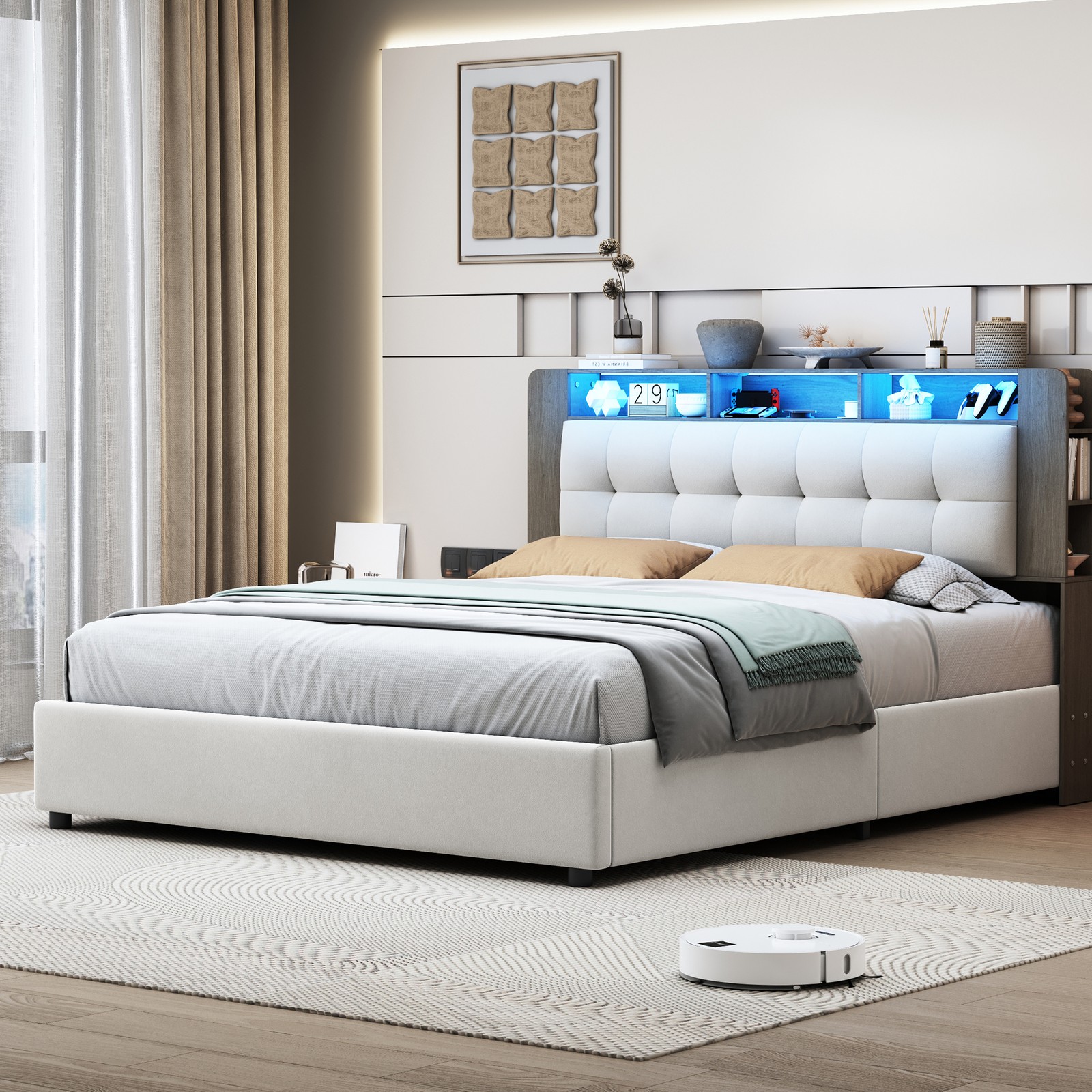 Lit 140 x 200 cm avec éclairage LED connecté et station de charge induction