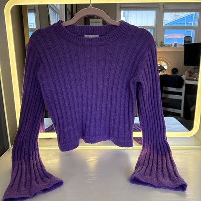 Gianni Bini Long-Sleeve Ribbed Cropped Small Purple Sweater