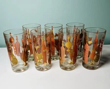 Gay Fad Tom Collins MCM Bordeaux Tumbler Glasses 5.5” Set Of 7 Pink Gold