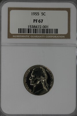 1955 .05 NGC PF67 Jefferson Silver Nickel, Silver 5C, Silver 5