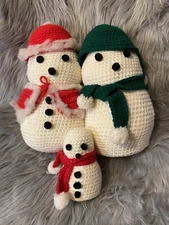 Vintage Crocheted Snowman Family Of 3 Handmade Handcrafted Christmas Decorations