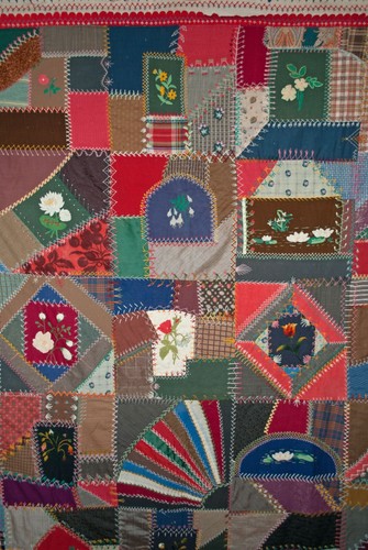 ANTIQUE 1880 CRAZY QUILT HAND STITCHED EMBROIDERED WITH RAISED FLOWERS 92-1/2" - Picture 2 of 20