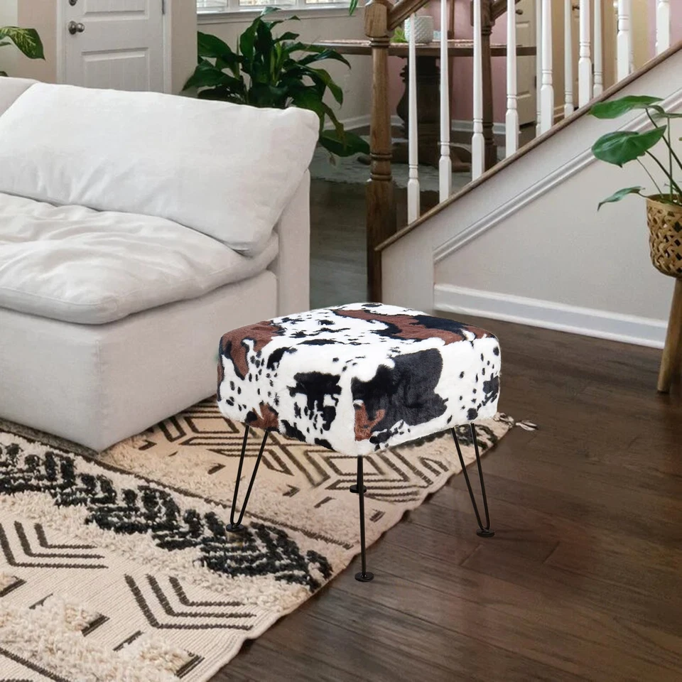 Cow Print Vanity Stool Chair Soft Faux Fur Chair Makeup Stool with 4 Metal Legs - Image 3 of 4