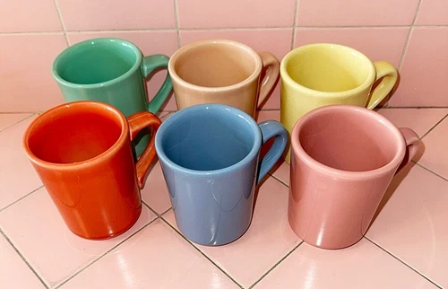 6 Vintage Homer Laughlin Restaurant Diner Coffee Mugs Fiesta Colors Rose Yellow