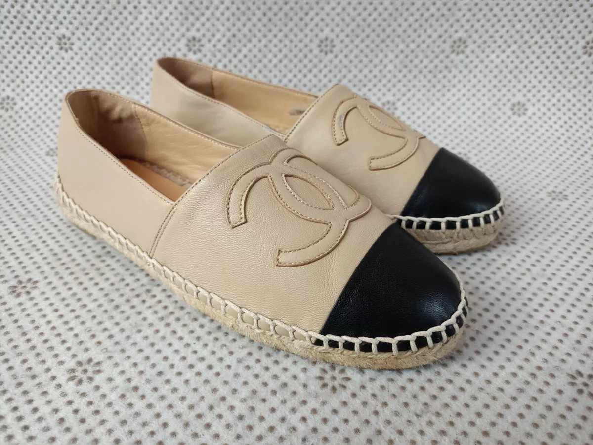 CHANEL Women's Leather BEIGE/BLACK Espadrilles COCO MARK Logo EUR 37