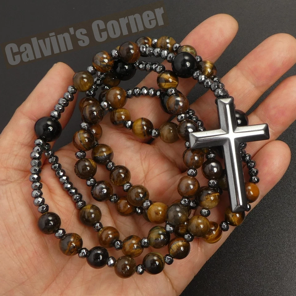 Tiger Eye Black Onyx Hematite Cross Rosary Necklace Long Catholic Men Women Gift - Image 3 of 4