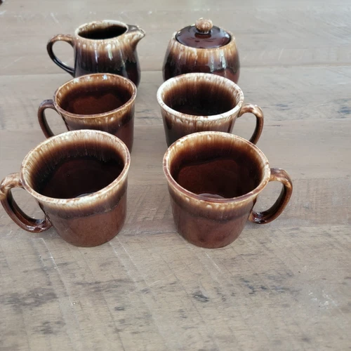 7 PC McCoy Brown Drip Glaze Stoneware Coffee Mugs 1412 + Sugar & Creamer Set