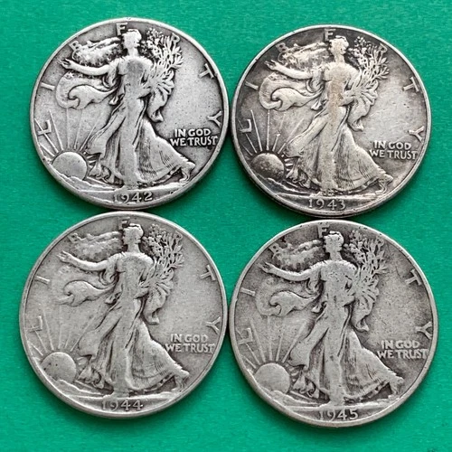 1942, 1943 ,1944,1945 Walking Liberty Silver Half Dollars- Free Shipping in USA