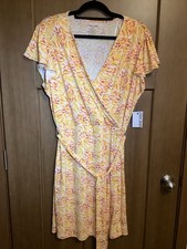 NWT Nine West Women’s Short Sleeve Dress Faux Wrap Size XXL Yellow Coral White