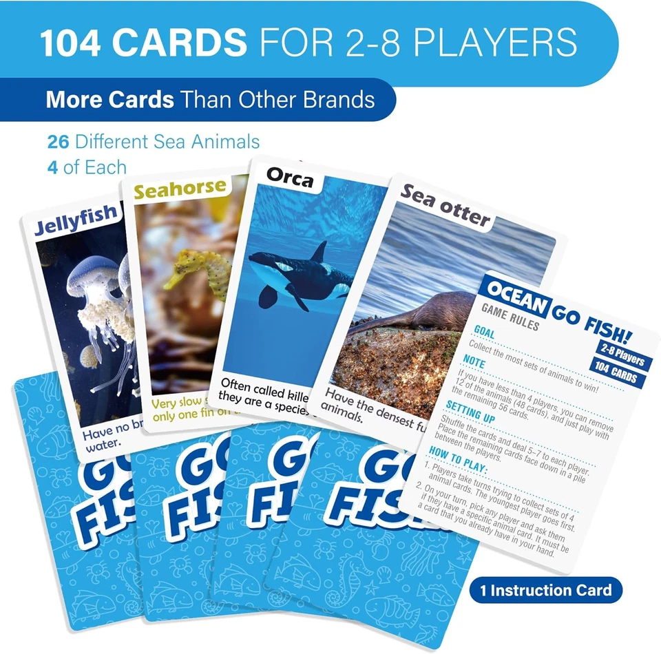 Go Fish Card Game for Kids, 104 Cards, Ocean Theme Memory Matching Game, Sea Ani - Image 2 of 4