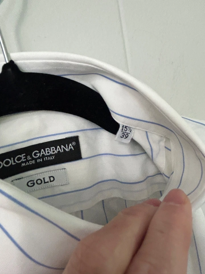 NUEVA DOLCE & GABBANA DORADA 15-1/2 x 39 Camisa de Vestir Formal a Rayas Blancas y Azules Foto 3 de 4