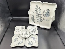 6 PC VINTAGE MCM CERAMIC ITALY HAND PAINTED SERVING TRAY & TIDBIT DIPPNG BOWL