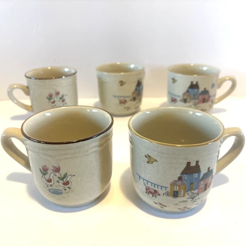 VTG International Stoneware Heartland Mugs Set of 5 Farmhouse Granny/Cottagecore