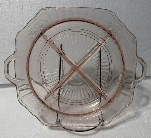 Mayfair Open Rose Relish Dish Anchor Hocking Pink Glass Divided Tray 10" square