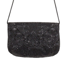 VTG Accessory Lady Beaded Evening Clutch Handbag Purse Shoulder Bag BLACK