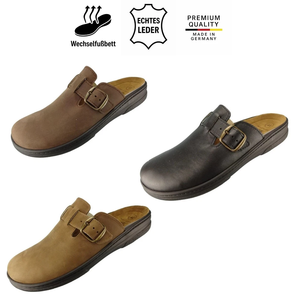 Algemare Herren Pantolette 7990 Leder Wechselfußbett bequem Hausschuh 40-47