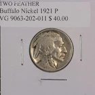 Buffalo Nickel Two Feathers, 1921 P. Fine. Lot # 9063-202-012