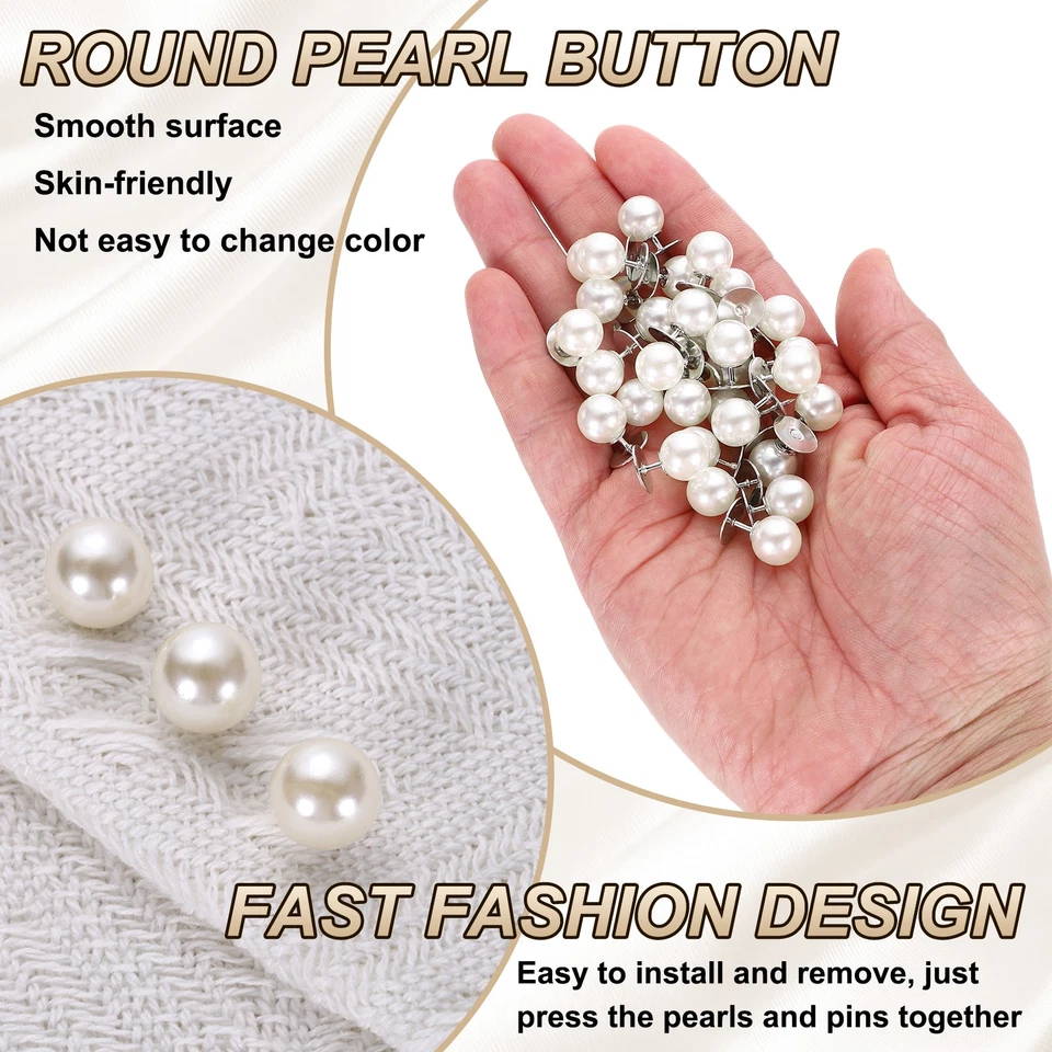 30 Set No Sew Pearl Buttons 0.4" (10mm) Removable Reusable Fixed Pins, White - Image 4 of 4