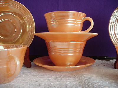 FIRE KING FIREKING PEACH LUSTRE 3-BANDED FOUR CUPS AND FOUR SAUCERS BEAUTIFUL - Picture 2 of 4