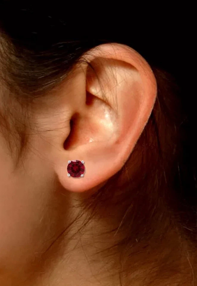 4 CT LAB CREATED RED RUBY STUD EARRINGS 14K WHITE GOLD ROUND CUT 7MM PUSH BACK - Image 3 of 4