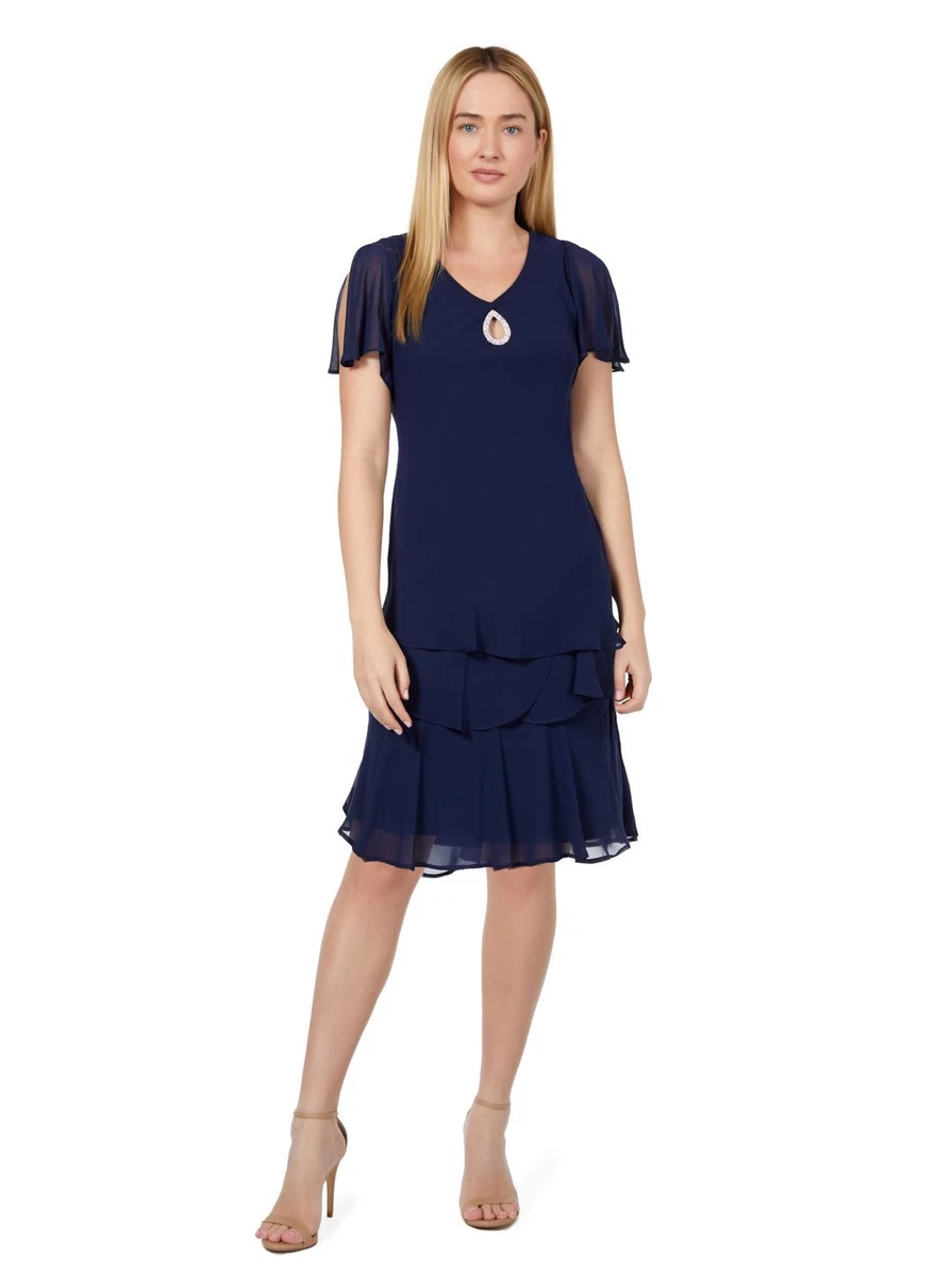 Marina Women s Tiered Chiffon Flutter Sleeve Knee Length Cocktail Dress