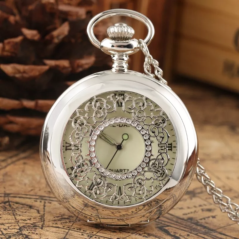 Men Women Quartz Pocket Watch Luminous Dial Silver Flower Roman Numerals Display