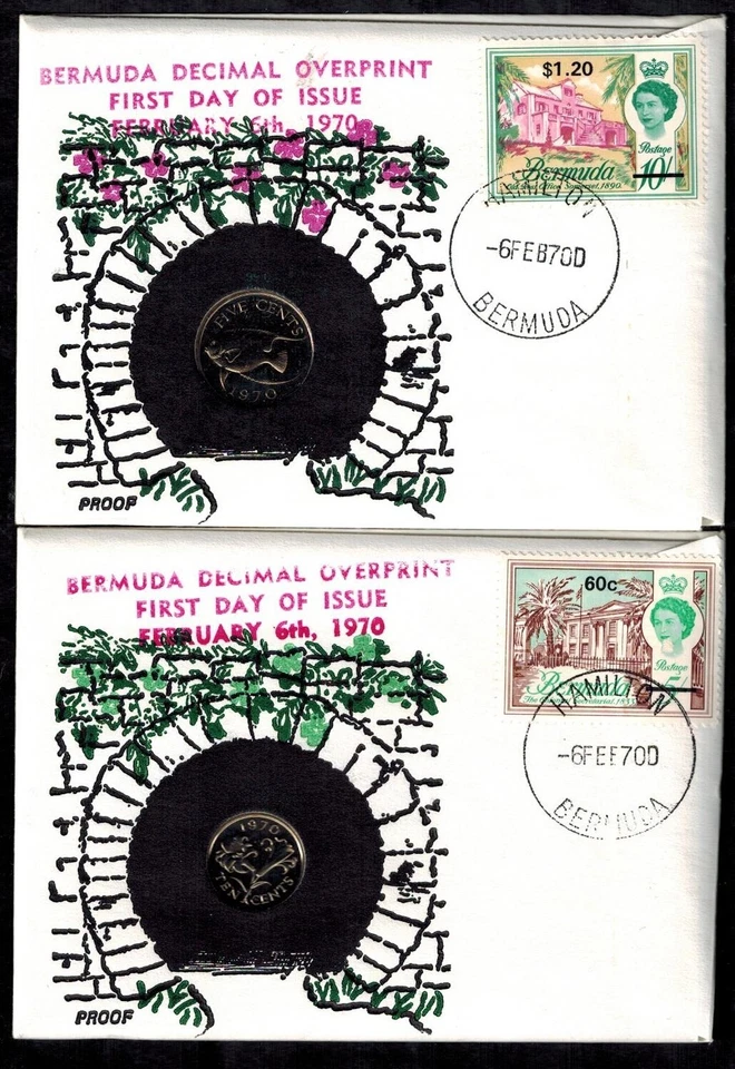 Bermuda 1970 Complete Set of 6 Surcharged FDCs for Decimal Currency w/Coins RARE - Image 2 of 4