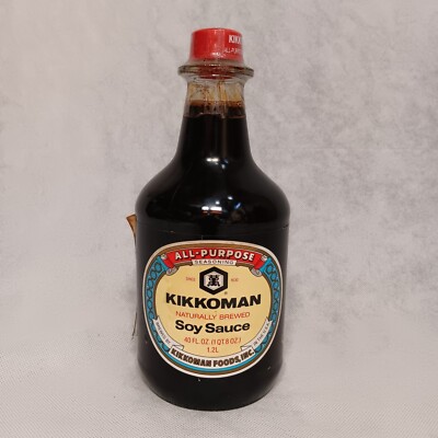 Vintage Large Kikkoman Soy Sauce 40 Oz Glass Bottle Full Sealed