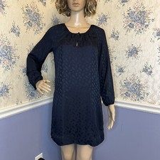 J Crew Navy Blue Long Sleeve Tonal Paisley Shift Silk Dress, Size 2