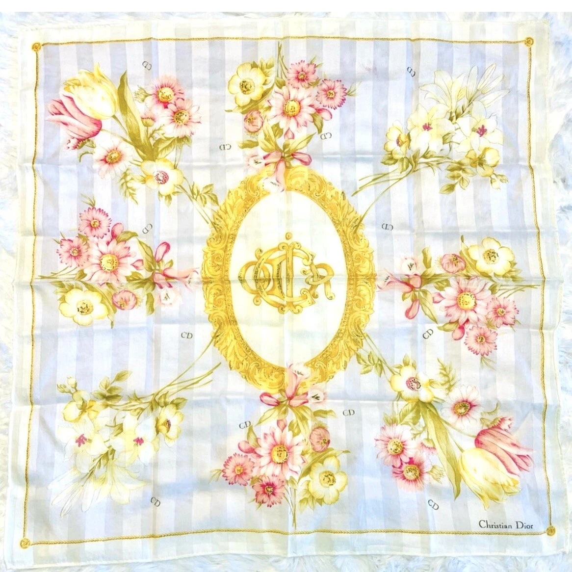 Christian Dior mini écharpe mouchoir fleurs femme sac cheveux vintage coton 