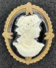 Victorian Revival Baroque Gold Tone Black Cameo Greek Goddess Brooch Pin
