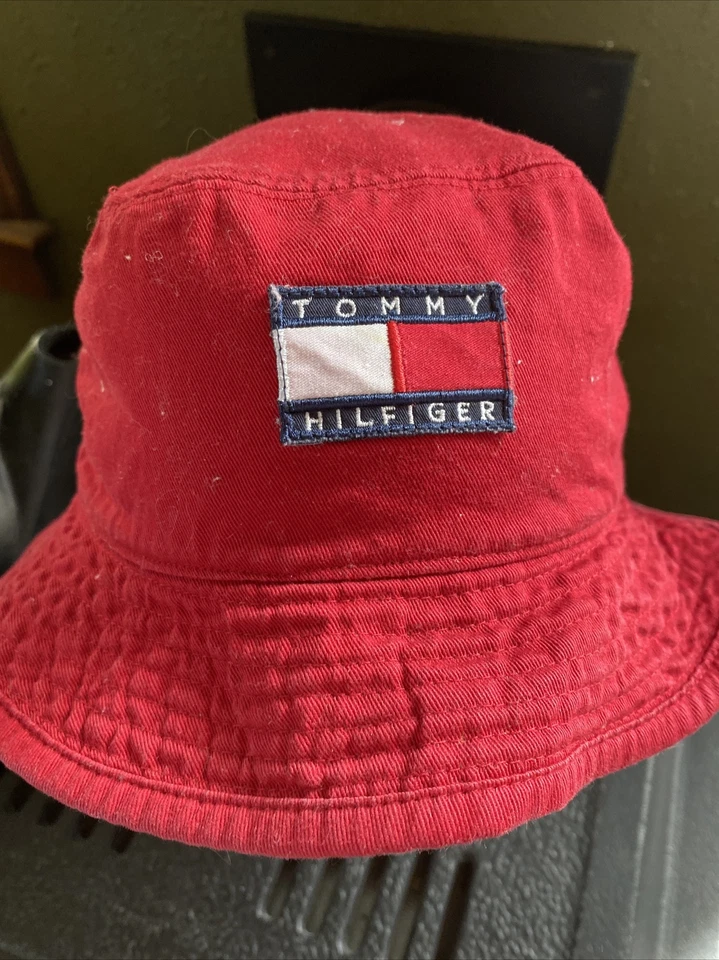 RARE Vintage TOMMY HILFIGER Flag Logo Khaki Reverses to Red Bucket Hat Adult S/M - Image 3 of 4