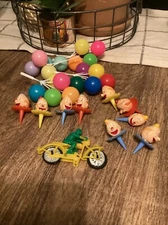Vintage Cake Toppers Clown Heads Balloons Motorcycle Lot AS IS