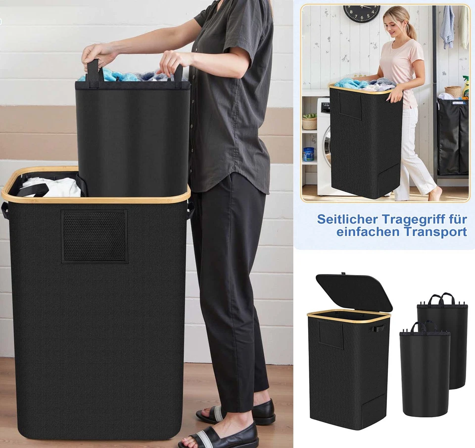 Wäschekorb mit Deckel 150L Extra Wäschesammler 2 Fächer Wäschesack Wäschebox DE - Bild 3 von 4