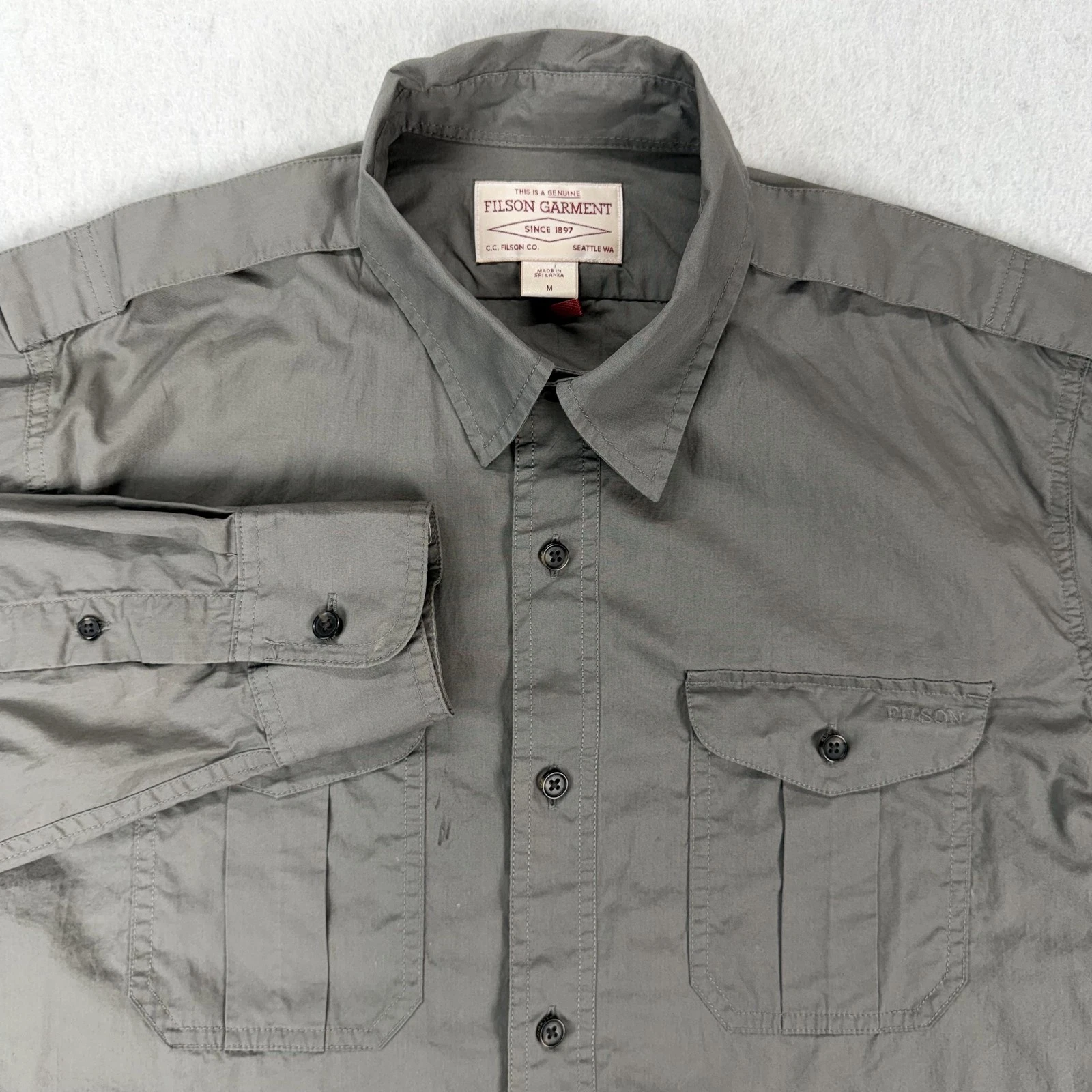Filson Shirt Mens Medium Gray Cotton Long Sleeve Utility Button Front Outdoors