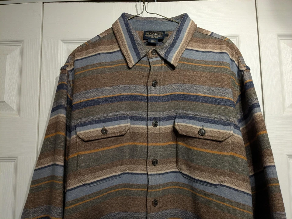 Pendleton Shirt Men M Brown Blue Gray Stripe Button Front Cotton Southwest Thick - Image 2 of 4