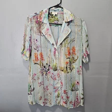 Hemant & Nandita Top Size S Blue Floral Print Cactus Short Sleeve Button Sheer