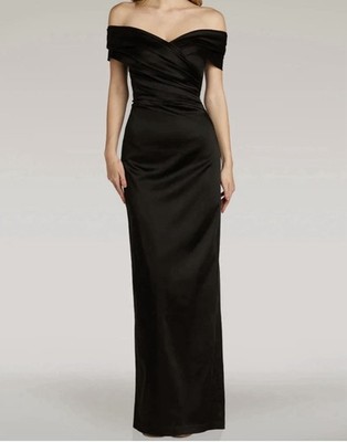 Windsor Black Satin Off Shoulder Ruched Long Formal Dress Size S