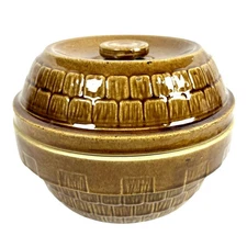 Mid 20th Century USA 9" Round Tureen Bowl Casserole w/Lid Brown Shingle Pattern