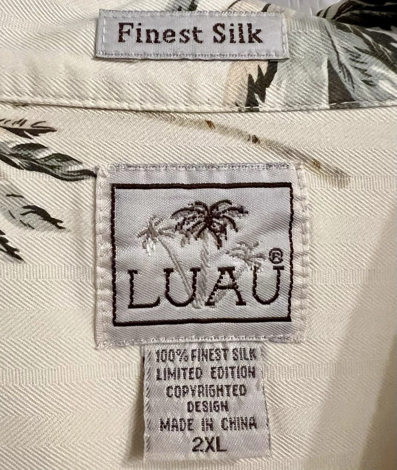 Luau Мужские 2XL гавайский 100% тонкий шелк кнопка спереди рубашка ладони листья желтовато-коричневый - Изображение 4 из 4