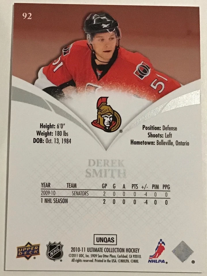 2010-11 DEREK SMITH UD ULTIMATE COLLECTION ROOKIE #92 SENATORS #122/399 - Image 2 of 2