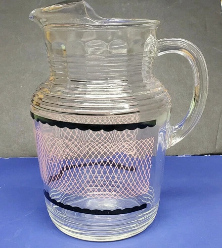 Vintage Anchor Hocking? Pitcher Black Trim w/ PINK Pattern 86 oz. Ice Lip EUC