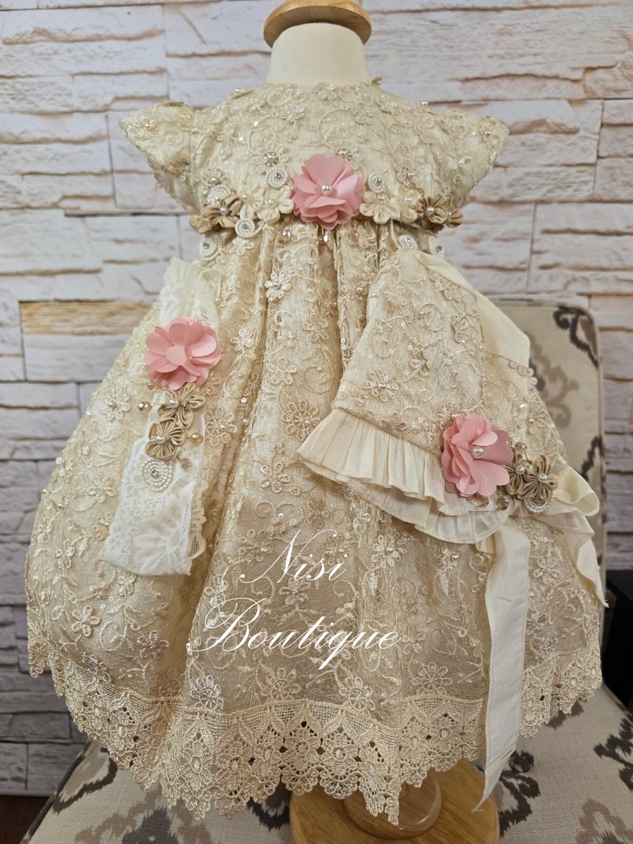 Free Shipping!! Baptism Dress, Christening Gown, Baby Girl Beige Dress |  eBay