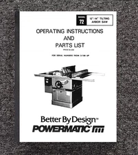 12-14in 1989 Tilting Arbor Saw Operating & Parts Manual Fits Powermatic 72 8872