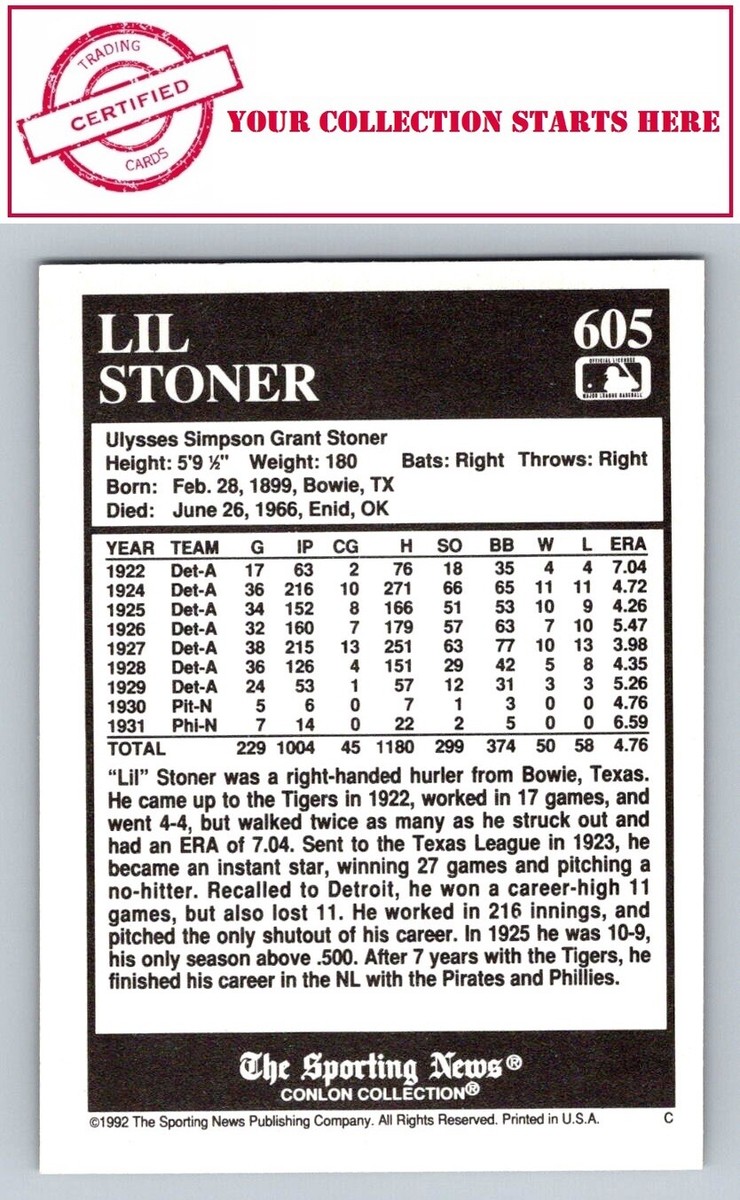 Lil Stoner 1992 Conlon Collection TSN #605 Detroit Tigers | eBay