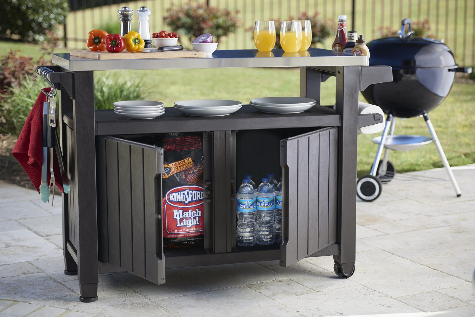 Rolling Patio Prep Station Plastic Cabinet Storage Table Outdoor