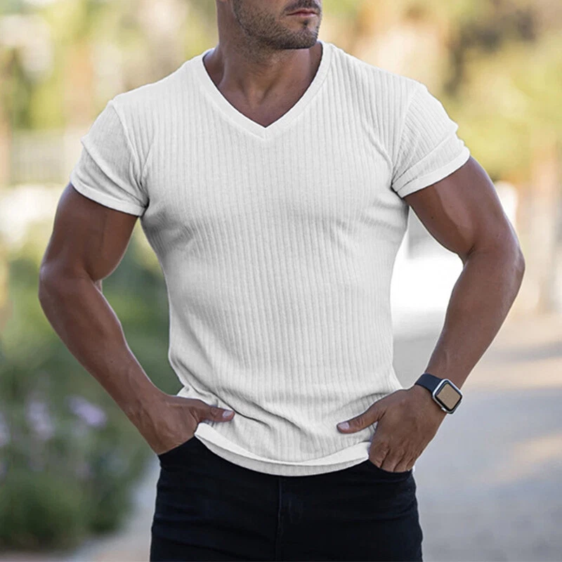 Men Short Sleeve Top T Shirt V Neck Slim Fit Stretch Sport Gym