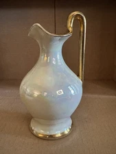 Vintage Lusterware Pearl Pitcher Vase With Gold Handle And Rim