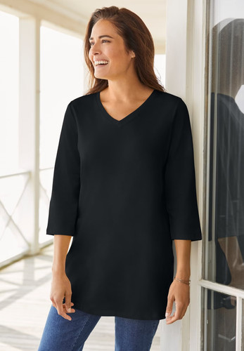 Woman Within Plus Size Perfect Three-Quarter Sleeve V-Neck Tunic
