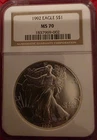1992 Silver Eagle MS70 NGC Graded Vintage Brown Border Label .999 Silver